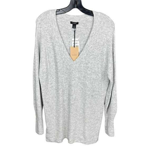 Halogen Dress Tunic Sweater V Neck Rib Knit Grey Light Heather Side Slits Small - Picture 1 of 15
